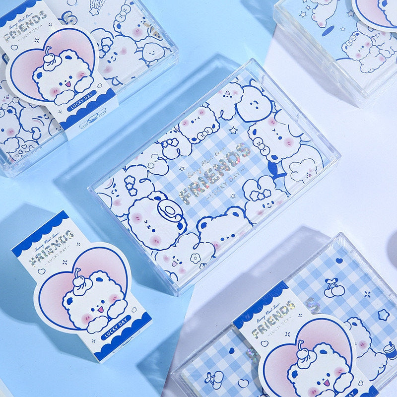 Toffee Diary Sticky Notepad with PVC Card Holder featuring cute kawaii bear designs, pastel blue and pink color scheme, and gingham background, perfect for school or office use.