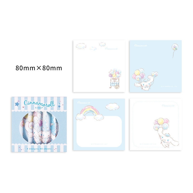 Cinnamoroll Notepad Set featuring 4 cute designs with pastel colors and adorable Cinnamoroll illustrations, perfect for kawaii stationery lovers - 48 pages, 80mm x 80mm.