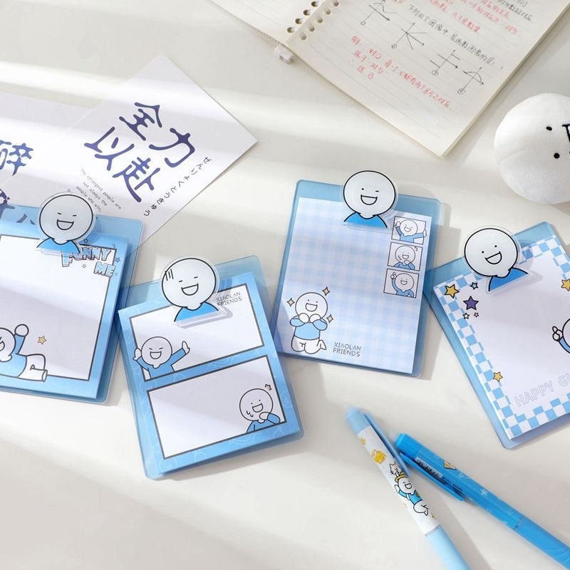 Blue Friend Sticky Notepad with PVC Clip Holder featuring adorable kawaii characters and vibrant blue designs, perfect for cute stationery collection and note-taking.