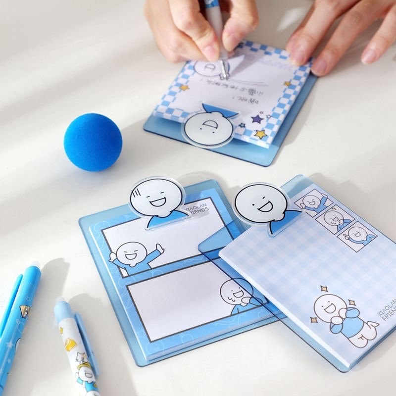 Blue Friend Sticky Notepad with PVC Clip Holder, featuring cute kawaii designs and vibrant blue themes, perfect for jotting down notes, ideas, or reminders.