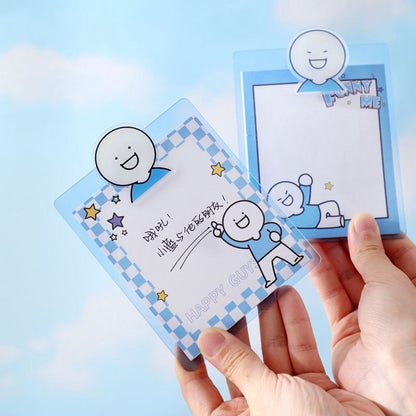 Blue Friend Sticky Notepad with PVC Clip Holder featuring cute cartoon characters on a blue checkered and solid background, held in hands showcasing the designs and playful kawaii graphics.