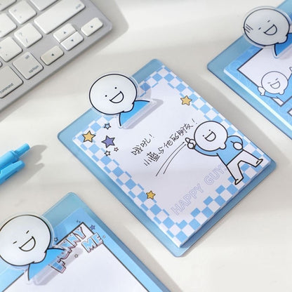 Blue Friend Sticky Notepad with PVC Clip Holder, cute kawaii design, cartoon character, blue border, checkered pattern, whimsical stationary, desk accessory.