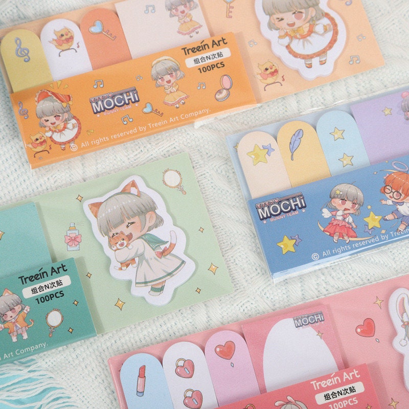 Mochi Sticky Notes Set - 100 Post-it Labels and Tags featuring kawaii characters and cute designs in pastel colors.