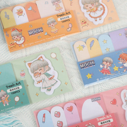 Mochi Sticky Notes Set - 100 Post-it Labels and Tags featuring kawaii characters and cute designs in pastel colors.