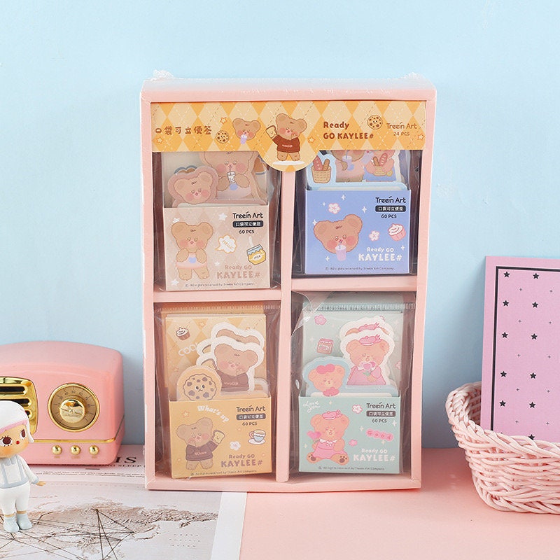 Milk Tea Weekend Sticky Notepad - 60 Pages Memo set featuring kawaii bear characters in various cute poses and pastel colors, organized in a display box.