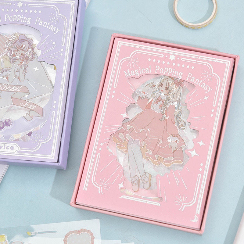 Magical Silver Foil Stickers for Planners and Crafts - Kawaii Anime Girl in Pink Dress - Cute Stationery Supplies in Pink and Purple Packaging