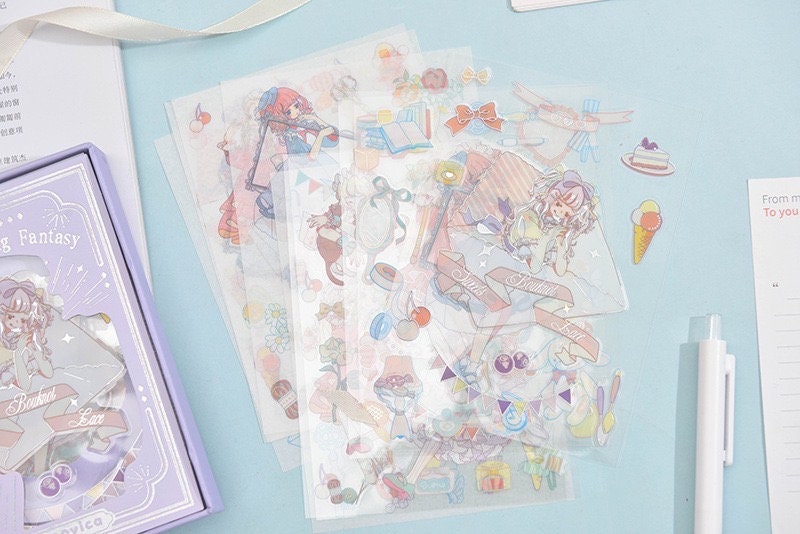 Magical Silver Foil Stickers for Planners and Crafts featuring cute kawaii characters, sweet treats, whimsical items, and colorful designs for decorating planners, scrapbooks, and DIY projects.