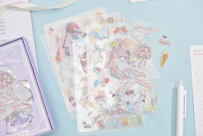 Magical Silver Foil Stickers for Planners and Crafts featuring cute kawaii characters, sweet treats, whimsical items, and colorful designs for decorating planners, scrapbooks, and DIY projects.