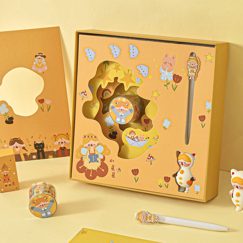 Candy Girl Planner Gift Set featuring a notepad, washi tape, and stickers in kawaii style with cute characters and pastel colors.