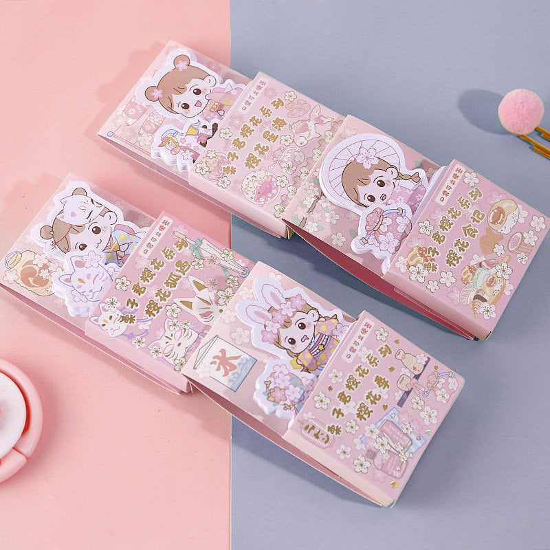 Kawaii Girl Sticky Notepad - 60 Pages with adorable character designs in pink and pastel colors, featuring various cute girl illustrations and floral patterns.