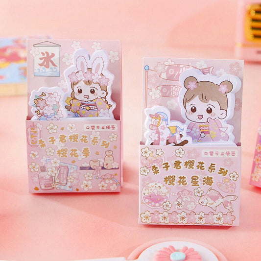 Kawaii Girl Sticky Notepad - 60 Pages featuring adorable illustrations of a cute girl in bunny ears and kimono, perfect for kawaii stationery lovers.