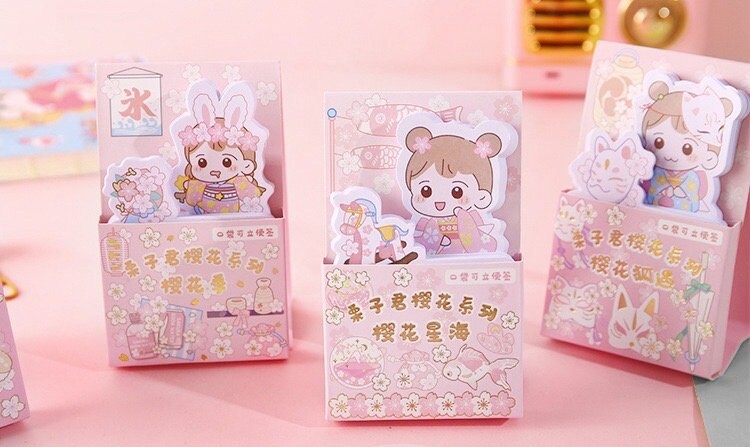 Kawaii Girl Sticky Notepad - 60 Pages featuring cute illustrated girl designs in pink and pastel colors.