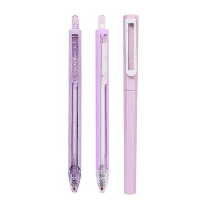 Kawaii Black Ink Gel Pens Set - 0.5mm featuring three cute pastel purple and pink pens with a thin design and retractable tips.