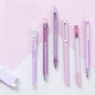 Kawaii Black Ink Gel Pens Set - 0.5mm in various pastel purple shades with transparent and solid-colored designs on a pink and white background.