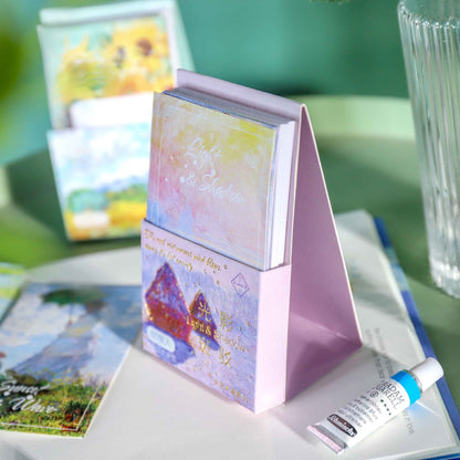 Sunset Wave Sticky Notepad with Stand - 60 Pages in a pink holder, featuring vibrant watercolor art, perfect for jotting down notes, office supplies, kawaii stationery.