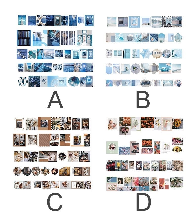 80-piece washi paper sticker set for mood board decor featuring four different color themes, including blue (A), pastel blue (B), brown (C), and floral (D) designs.