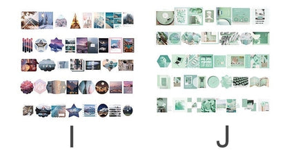 80-piece washi paper sticker set for mood board decor in various designs and colors, labeled "I" and "J"