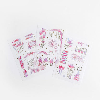 Dream Star Silver Foil Washi Sticker Set with pink and purple galaxy designs, including stars, hearts, and cute decorative elements.