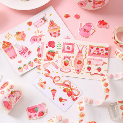 Strawberry Washi Tape Roll for Parties and Crafts featuring cute strawberry-themed designs on a pink background, perfect for scrapbooking, journaling, and decorating gifts.