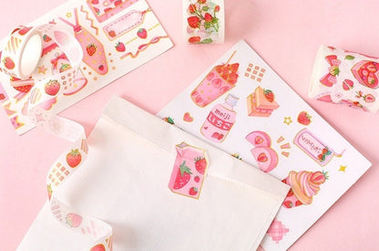 Strawberry Washi Tape Roll for Parties and Crafts featuring cute strawberry-themed designs, perfect for decorating planners, journals, and DIY projects.