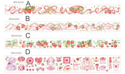 Strawberry Washi Tape Roll for Parties and Crafts featuring four designs: A - strawberries with ribbons and gold accents, B - strawberries with pink clouds and stars, C - strawberries with green leaves and berries, D - strawberry-themed illustrations with girls, desserts, and drinks.