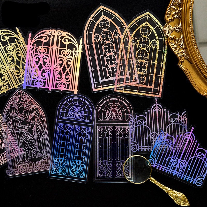 Fluorescent PET lace stickers set with 10 intricate pieces featuring Gothic window and gate designs in rainbow colors, perfect for scrapbooking and DIY crafts.