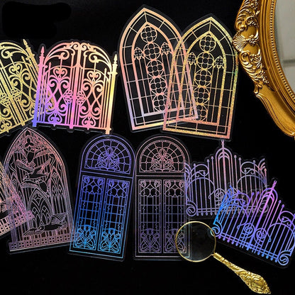 Fluorescent PET lace stickers set with 10 intricate pieces featuring Gothic window and gate designs in rainbow colors, perfect for scrapbooking and DIY crafts.