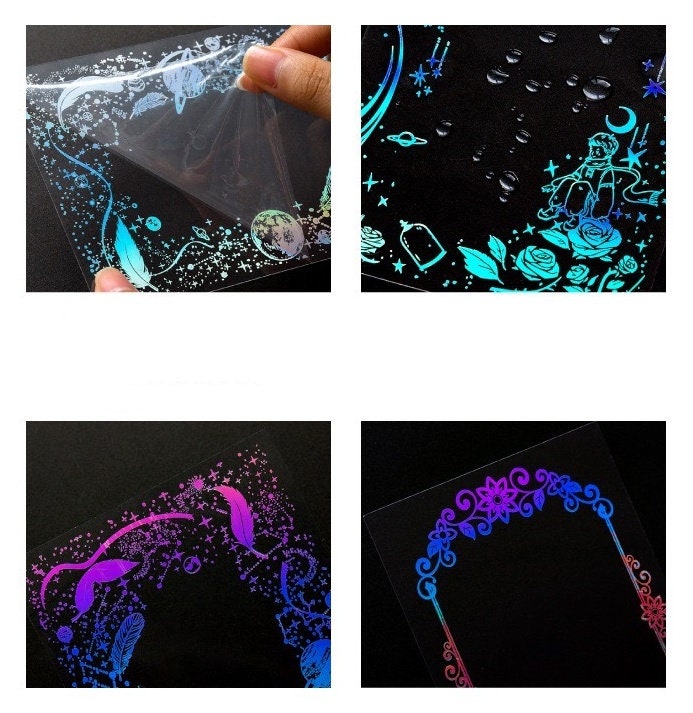 Fluorescent PET lace stickers set showing 4 different designs in blue and pink hues on clear backgrounds.