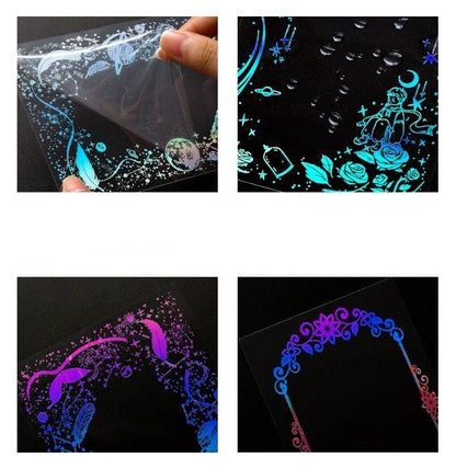 Fluorescent PET lace stickers set showing 4 different designs in blue and pink hues on clear backgrounds.