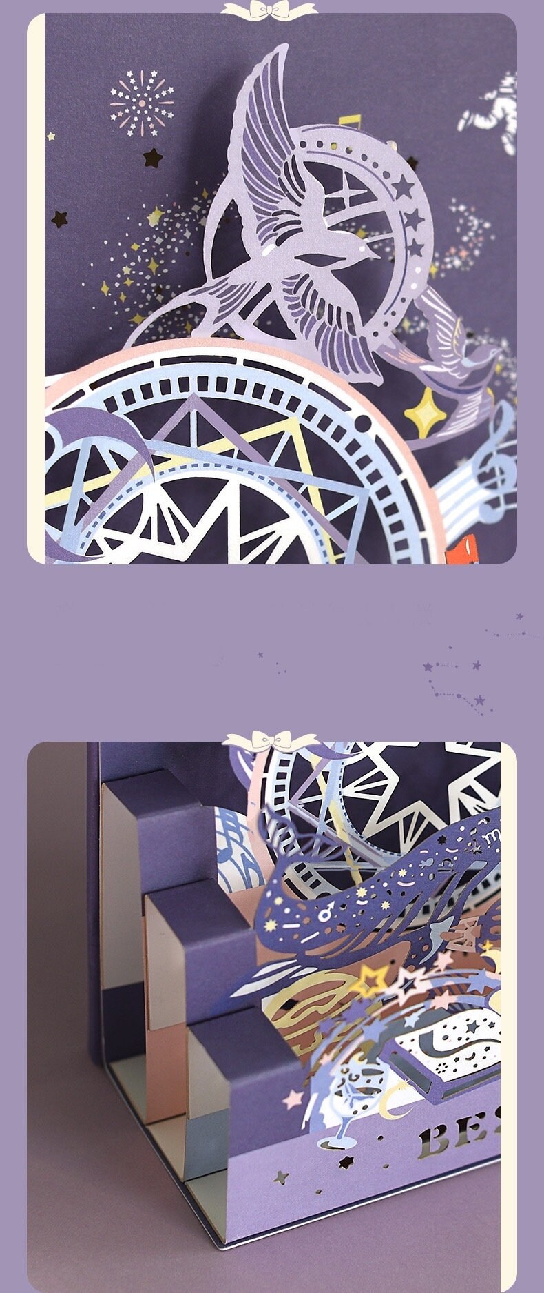 Starlight Studio Pop Up 3D Greeting Card, featuring intricate purple and pastel designs of stars, birds, and constellations, creating a magical space-themed scene perfect for special occasions and celebrations.