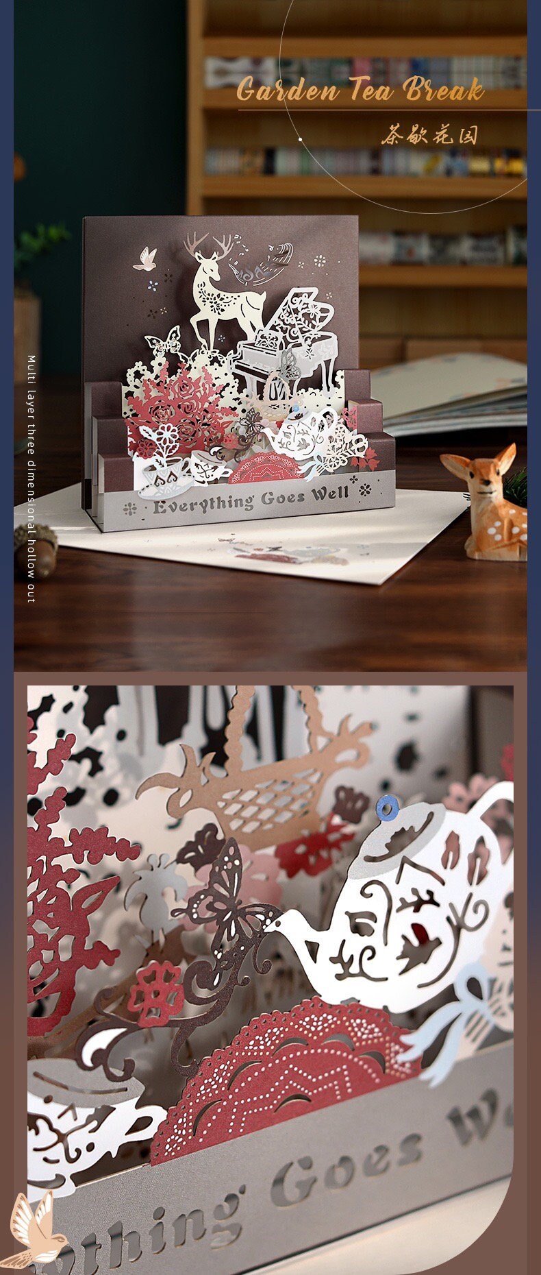 Starlight Studio Pop Up 3D Greeting Card featuring intricate designs of deer, flowers, and butterflies with "Everything Goes Well" text. Garden Tea Break theme.