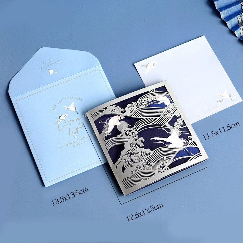 3D Starlight Studio pop up card featuring intricate designs of birds and waves, perfect for all occasions, comes with a stylish blue envelope and a blank card for personalized messages.