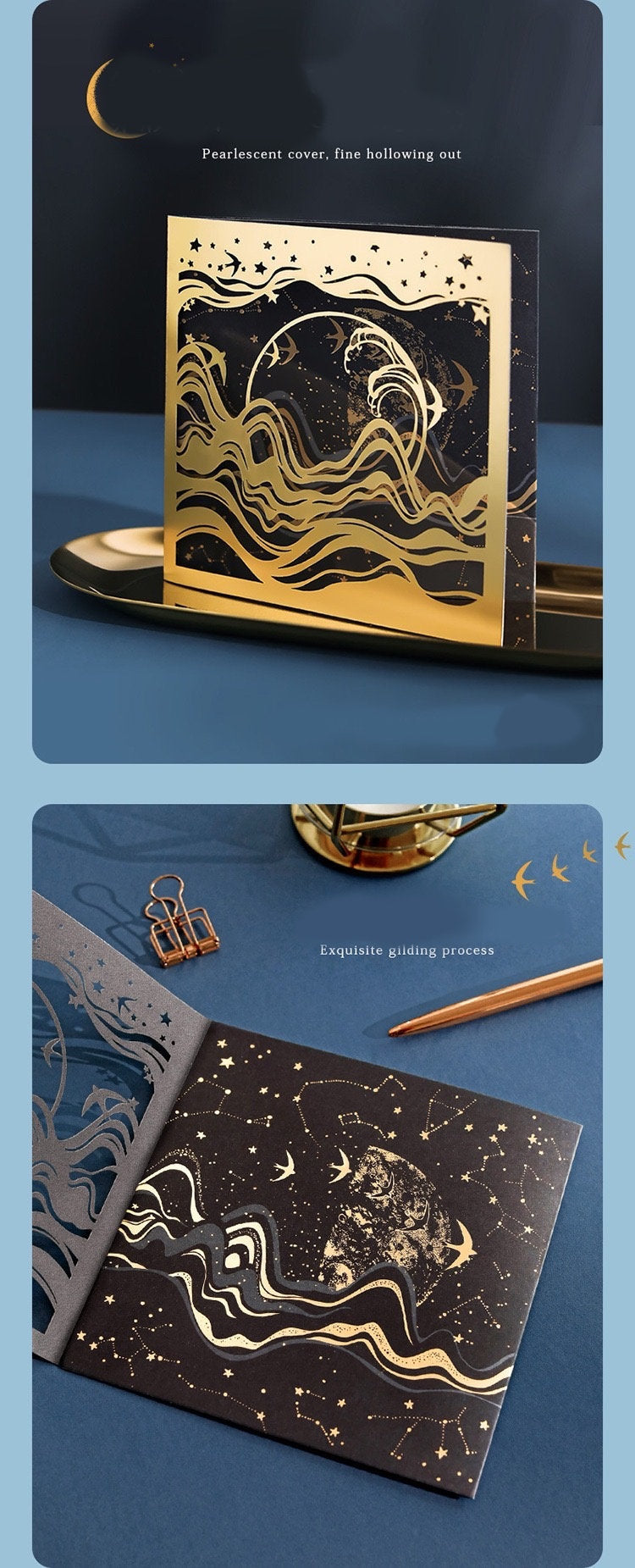 3D Starlight Studio Pop Up Card featuring a pearlescent cover with fine hollowing out, intricate gold detailing of celestial patterns, stars, and cosmic designs, perfect for all occasions.