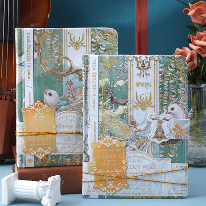 Silver's Will Hard Cover Journal with Metal Bookmark featuring intricate gold and pastel illustrations, fairytale forest design, and premium quality finish.