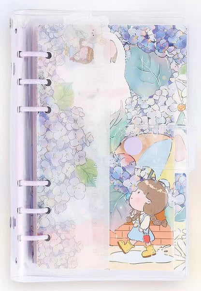 Dorothy A6 Loose Leaf Notebook with Ruler featuring a kawaii illustration of a girl with braids, floral background, and soft pastel colors.