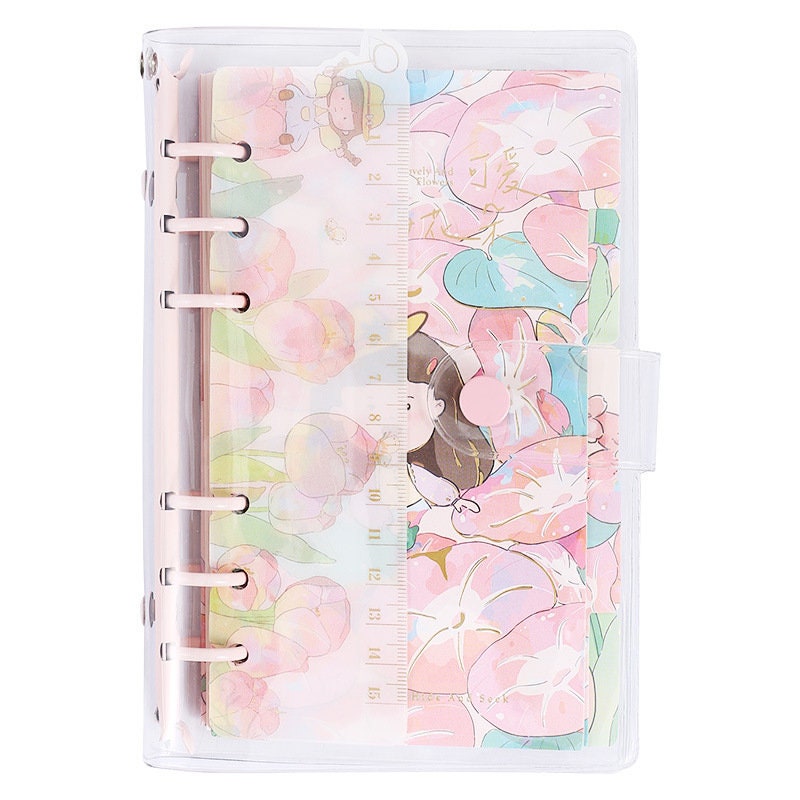 Dorothy A6 Loose Leaf Notebook with Ruler featuring kawaii floral cover design, secured with clear binder rings and includes a cute matching ruler.