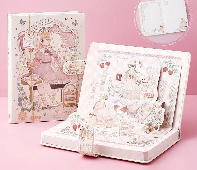 Anime Window Girl Leather Journal - 3D Pages & Bookmark featuring kawaii design, intricate 3D pop-up pages, and a secure strap. Perfect for anime fans and stationary enthusiasts.