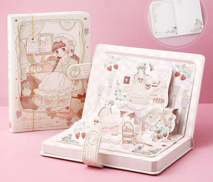 Anime Window Girl Leather Journal with 3D Pages and Bookmark - Kawaii Stationery with Cute Illustrations on Pink Background, Perfect for Creative Writing and Sketching