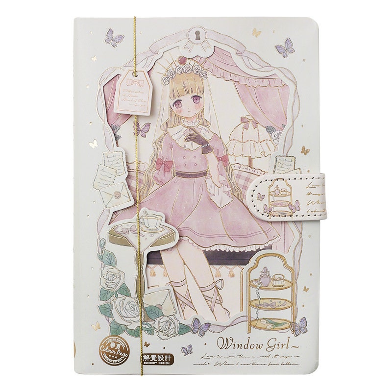 Anime Window Girl Leather Journal with 3D Pages and Bookmark - Elegant Kawaii Stationary with Pastel Art and Roses