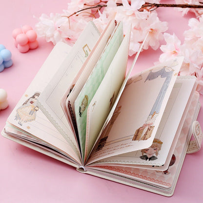 Anime Window Girl Leather Journal with 3D Pages and Bookmark open to show detailed illustrations on a pink background with decorative candles and cherry blossoms.