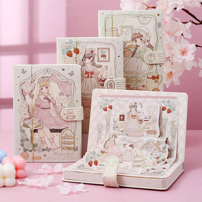 Anime Window Girl Leather Journal with 3D Pages and Bookmark, featuring cute kawaii illustrations, pastel colors, and soft PU leather cover, ideal for stationery lovers and journaling enthusiasts.