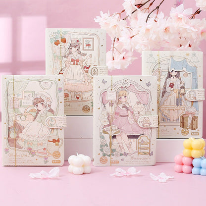 Anime Window Girl Leather Journal with 3D pages and bookmark featuring kawaii illustrations on a pink background.