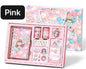 Dorothy Planner Gift Set in pink includes a kawaii journal, decorative stickers, and washi tape, all featuring adorable illustrated designs. Perfect for cute stationery enthusiasts and planning activities.