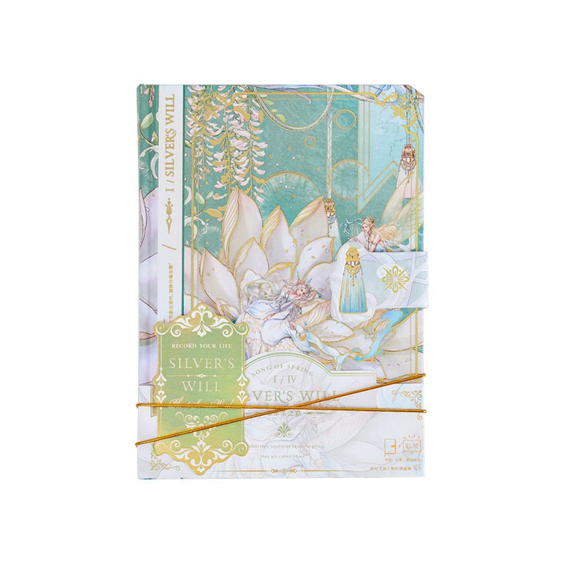 Silver's Will Hard Cover Journal with Metal Bookmark featuring an intricate floral and fairy design, pastel colors, and gold accents