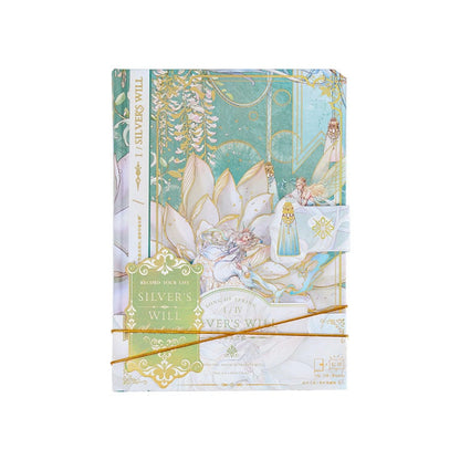 Silver's Will Hard Cover Journal with Metal Bookmark featuring an intricate floral and fairy design, pastel colors, and gold accents