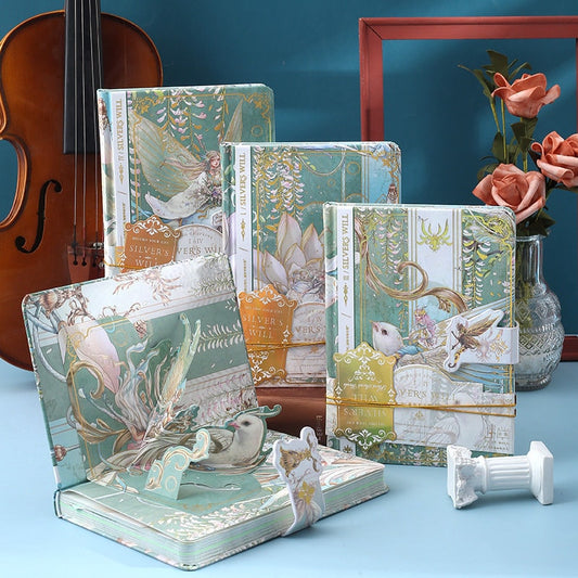 Silver's Will Hard Cover Journal with Metal Bookmark in various fairy tale-themed covers displayed with decorative elements, violin, and flowers in the background.