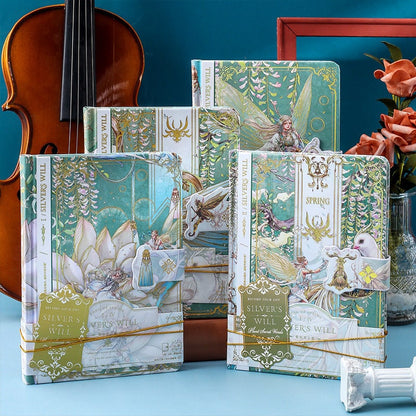 Silver's Will Hard Cover Journal with Metal Bookmark featuring whimsical fairy tale illustrations, intricate gold accents, and floral motifs, perfect for writing, drawing, and note-taking, set against a violin background with decorative flowers.