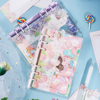 Dorothy A6 Loose Leaf Notebook with Ruler featuring kawaii floral and cartoon illustrations, perfect for cute stationery lovers.