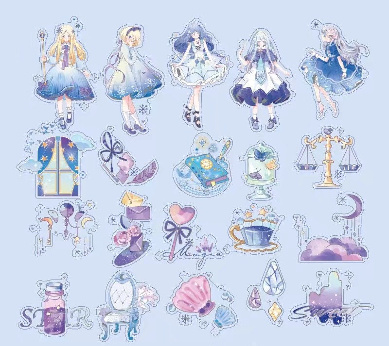 Ambilight Anime Girl Stickers - 40 Cute Set featuring kawaii-style illustrations of anime girls, magical books, stars, scales, teacups, ribbon bows, flowers, moon, clouds, and whimsical elements. Perfect for decorating notebooks, scrapbooks, and planners.