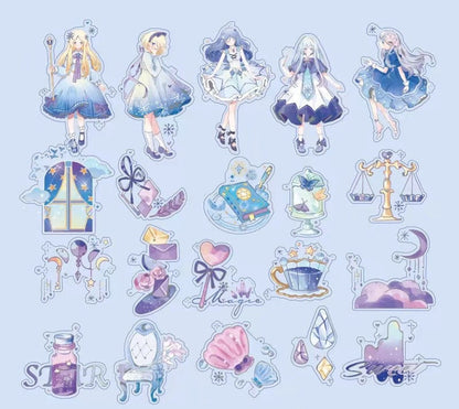 Ambilight Anime Girl Stickers - 40 Cute Set featuring kawaii-style illustrations of anime girls, magical books, stars, scales, teacups, ribbon bows, flowers, moon, clouds, and whimsical elements. Perfect for decorating notebooks, scrapbooks, and planners.